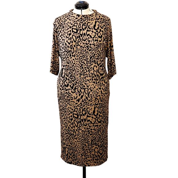 Chico's Cheetah Print Mock Neck Midi Shift Stretch Dress | Size 3 (16/18) | NWT - Picture 2 of 10